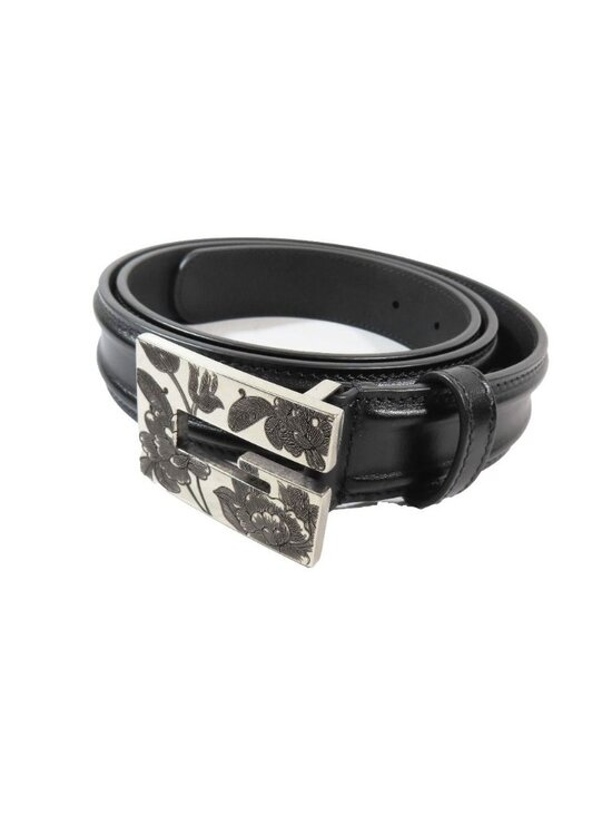 Gucci Square Flower Buckle Belt Leather Memorable Eyelet Black Silver